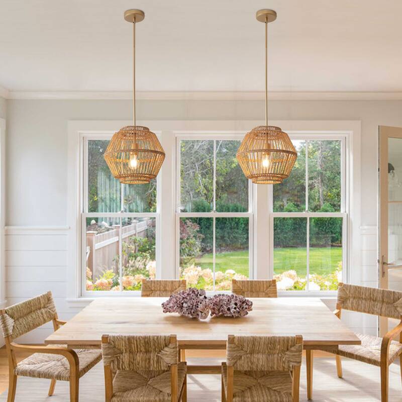 1-Light Rustic Geometric Rattan Chandelier for Kitchen Island