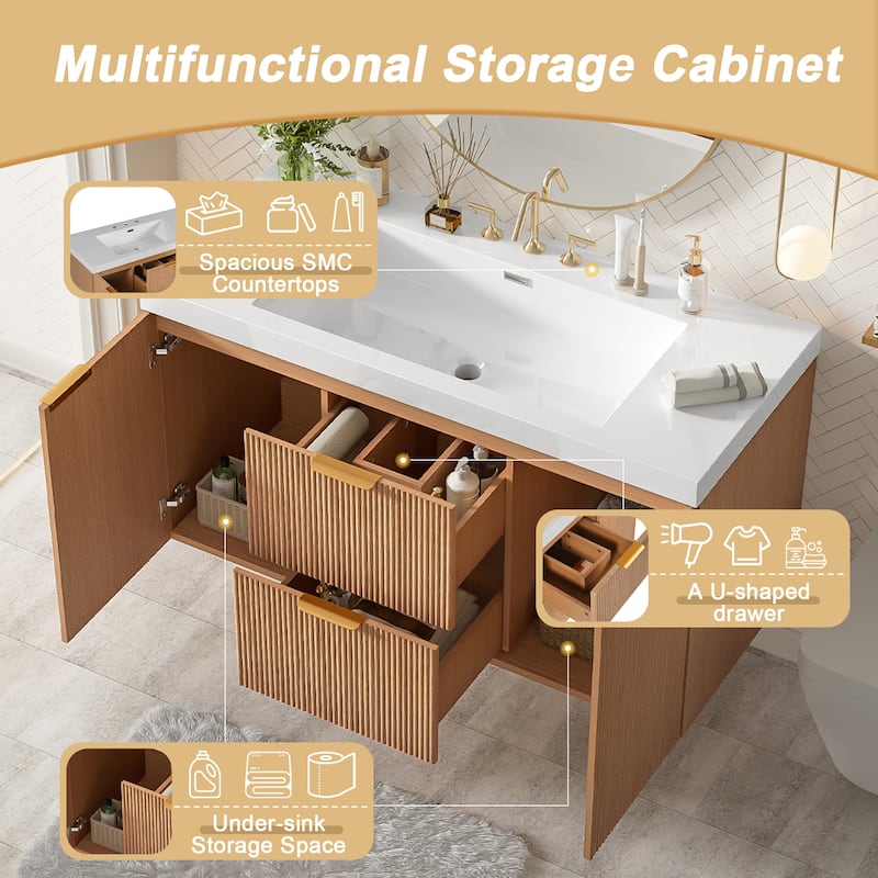 42" Modern Wall-Mounted Bathroom Vanity with SMC Top, Floating Storage Cabinet with Solid Wood Frame