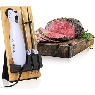 PREMIUS Serrated Carving Electric Knife Set, Wooden Storage Tray, 2 Blades - White/Wood