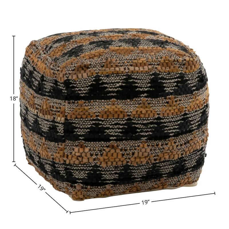 Fieldstone Handwoven Leather Upholstered Pouf, Brown/Black