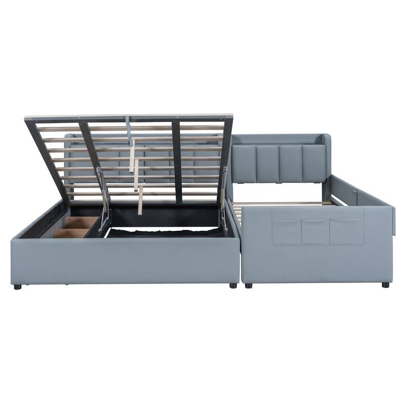 Queen Size/Twin XL Size Upholstered Platform Bed Frame with Hydraulic Storage System, Drawer,Shelves and UPS Ports