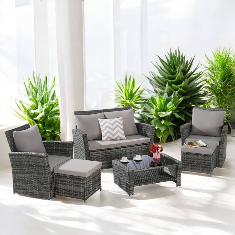 6-Piece Wicker Patio Furniture Set with Cushions & Coffee Table & Ottomans, Sofa for Outdoor Garden, Patio, or Balcony