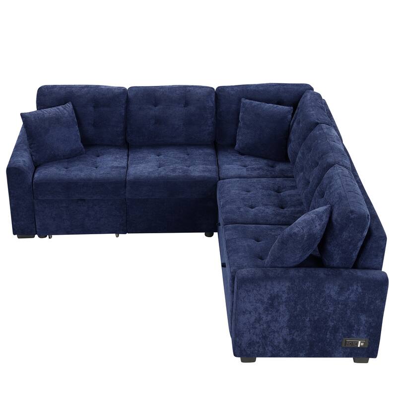 82.6" Velvet L-Shape 4-Seat Sectional Sleeper Sofa with USB Ports, Power Sockets and Wheels