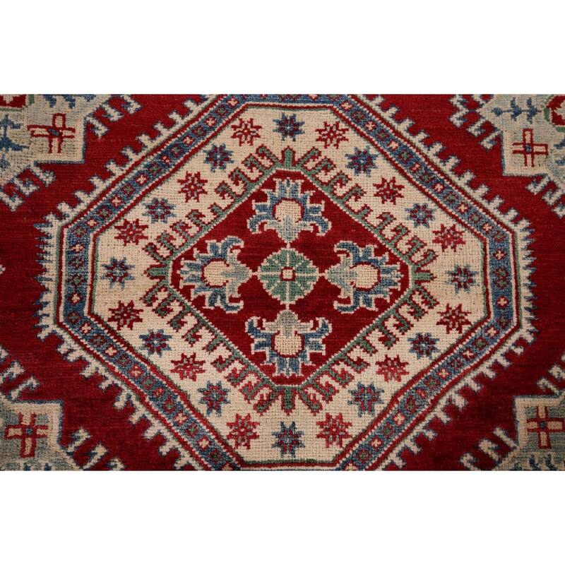Geometric Red Kazak Oriental Area Rug Hand-Knotted Wool Carpet - 5'1" x 6'8"