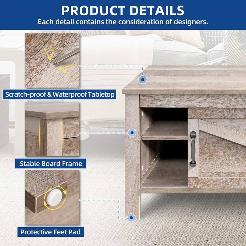 Moasis Farmhouse Rectangle 2-Tier Coffee Table with Adjustable Shelves & Sliding Barn Door
