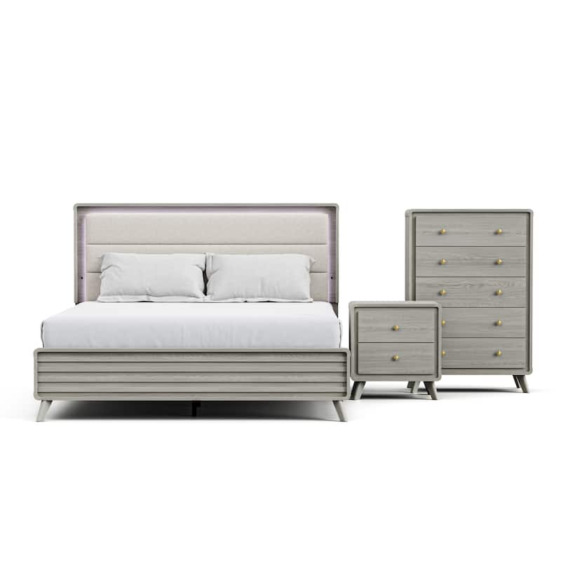 Furniture of America Thaila Modern 3-Piece Grey Wood Upholstered Panel Bedroom Set with LED on Headboard