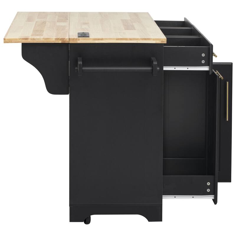59.3" Rolling Kitchen Island with Storage 2 Pull Out Cabinet Organizers & Rubber Wood Drop Leaf,Trash Can Storage,Power Outlet