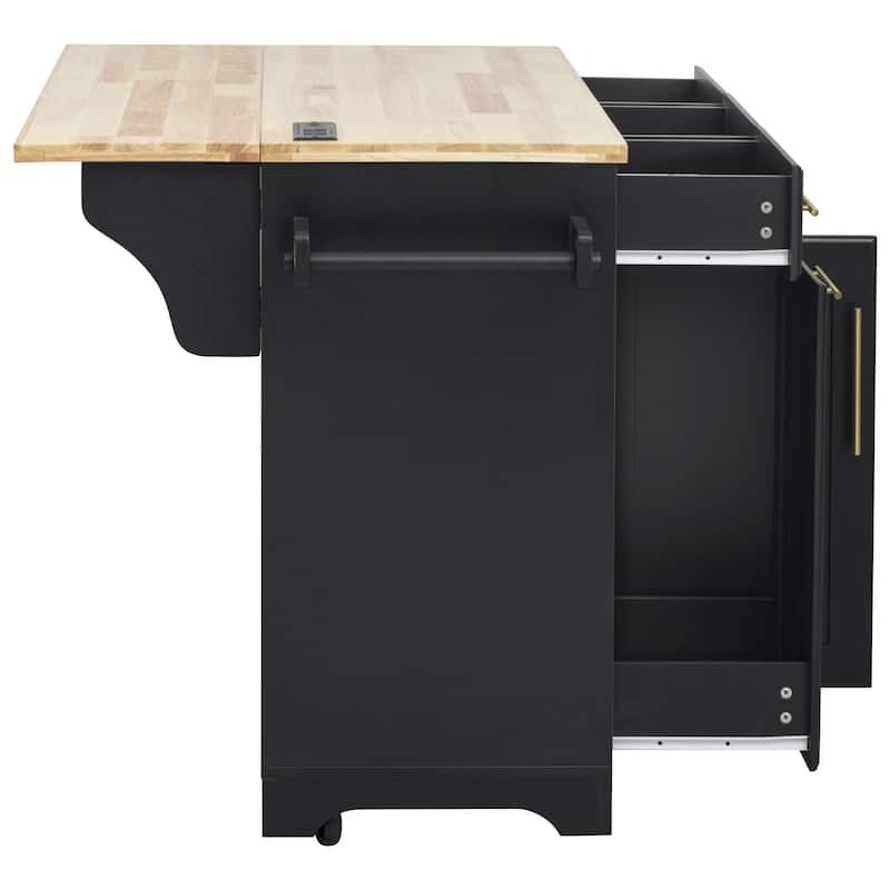 Rolling Kitchen Island Cart with 2 Pull Out Cabinet Organizers, Drop Leaf, Trash Can Storage, Power Outlet, Spice, Towel Rack
