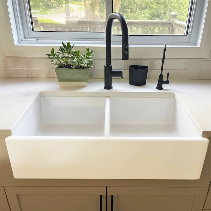 Austen Crisp White Fireclay 33" Double Bowl Farmhouse Apron Front Undermount Kitchen Sink and Drains