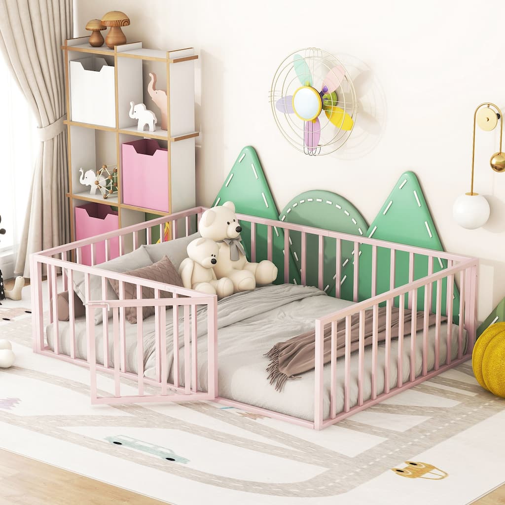 Full Size Metal Floor Bed Frame with Fence and Door for Kids