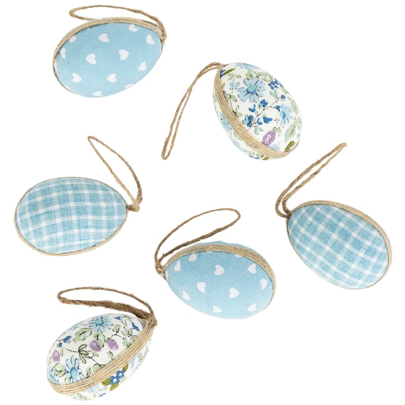 Fabric Easter Egg Ornament Decorations - 5.75" - Blue - Set of 6