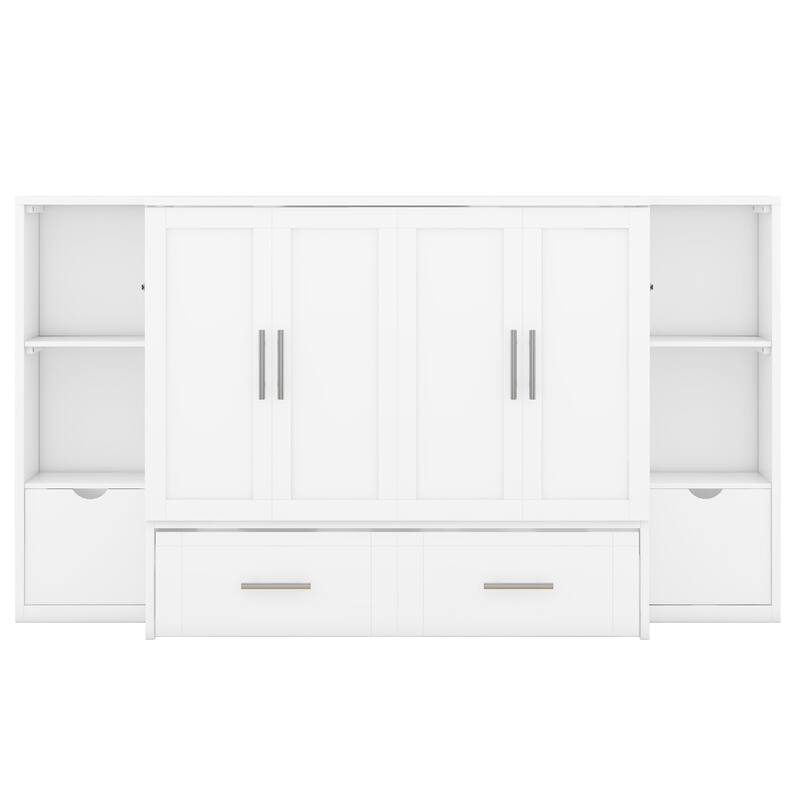 Space-Saving Queen Murphy Bed with Shelves, Drawers & USB Ports in White