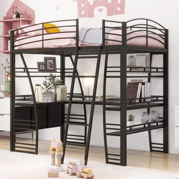 slide 2 of 9, Black Metal Loft Bed with 4 Layers of Shelves, L-Shaped Desk, Sockets, USB Ports, Wireless Charging Full - Black