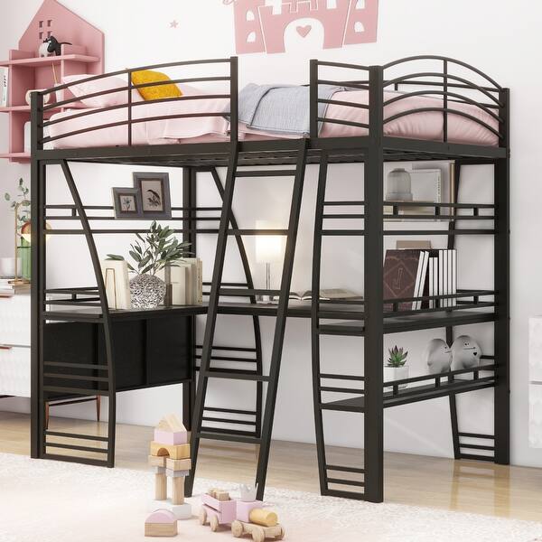 slide 2 of 12, Full Loft Bed with Desk, Shelving, and Charging Ports Black