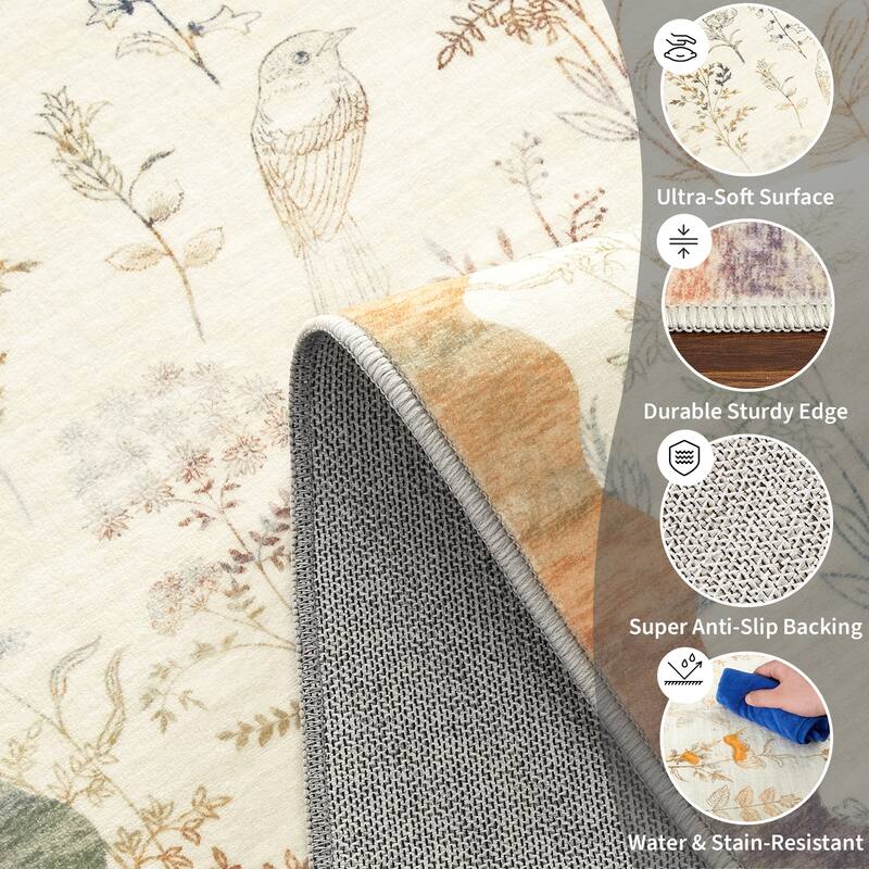 Botanical Washable Area Rug Modern Bird Pattern Rug Soft Non-Slip Low Pile Rugs for Living Room Bedroom
