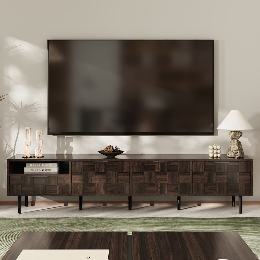 Modern Checkered Design TV Stand, Media Console, for 85/75/65-inch TVs with Storage, for Living Rooms, Walnut