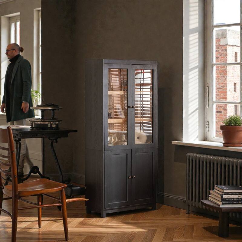 74.5'' Ash Wood Grain Display Cabinet with Glass Doors, Adjustable Shelves & Mid-Century Modern Bookcase for Living Room