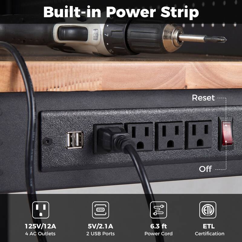 Gymax 48'' Heavy Duty Workbench w/ AC/USB Outlets and Pegboard Max