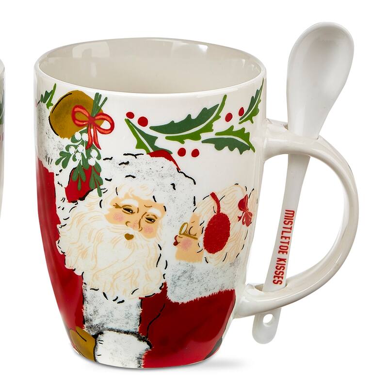 Mistletoe Vintage Santa Mug with Spoon - 12oz Bone China Drinkware for Christmas - Dishwasher Safe - Multicolor