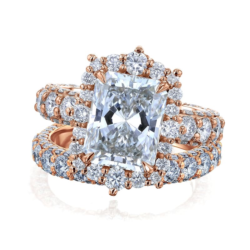 Kobelli 6 Carats Radiant Lab Grown Diamond Certified 14k Solid Gold Rococo Halo Comfort Fit Wide Simi Bridal Set - 5 - Rose