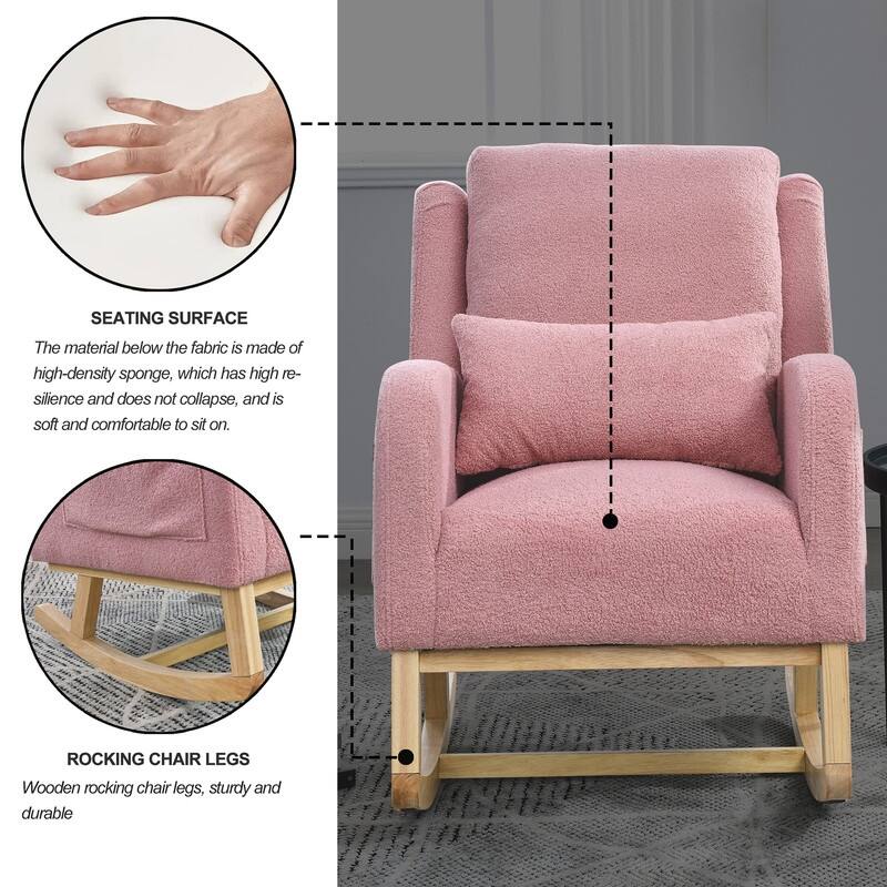 Grondin Modern Style Rocking Chair, Teddy Fabric Upholstered Nursery Rocker with Side Pockets