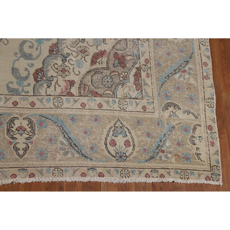 Medallion Tabriz Persian Rug Beige Hand-Knotted Wool Carpet - 9'6"x 13'3"