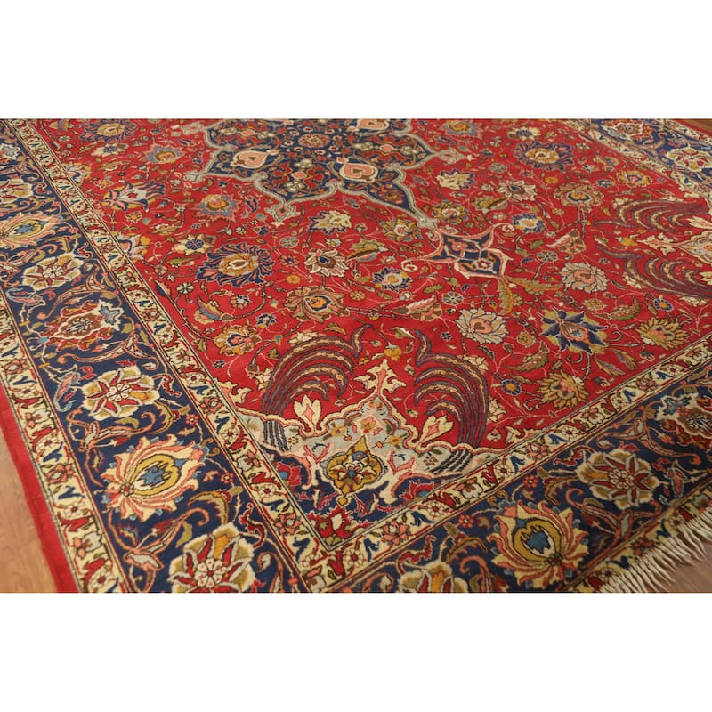 Hand Knotted Oriental 100% Wool Carpet Traditional Floral Red Tabriz Area Rug - 12' 10'' X 9' 3''