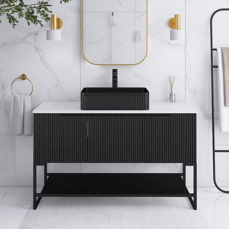 48 inch Freestanding Bathroom Vanity with Ceramic Sink in Black wood - Textured - Black