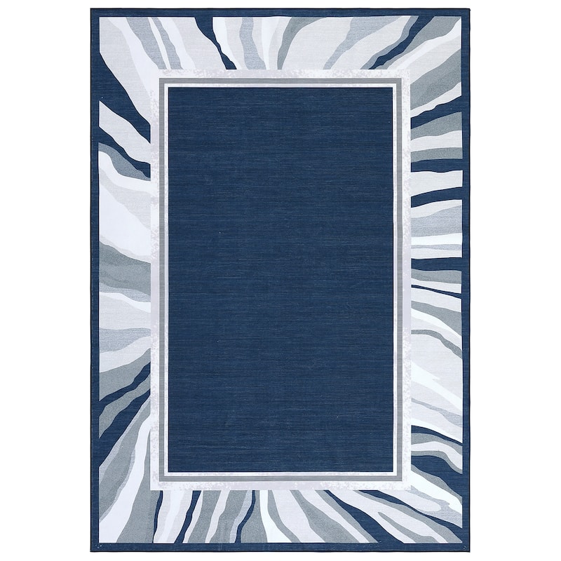 Modern Bordered Area Rugs for Living Room Bedroom Low Pile Non-Slip Rug Carpet - 5'x7' - Blue