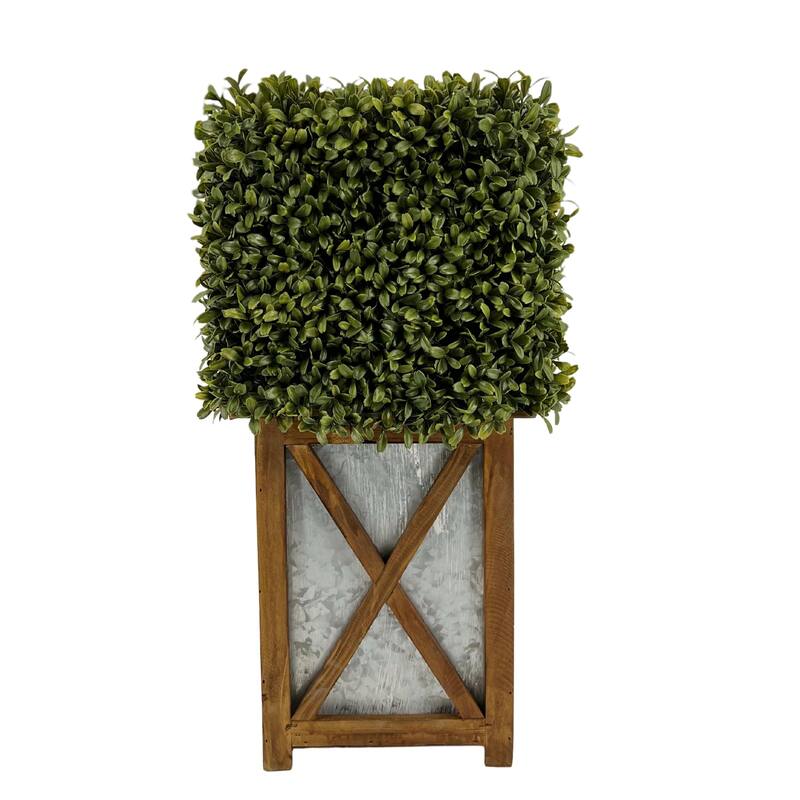 Faux Boxwood Square Topiary in Crisscross Stout Wood/ Metal