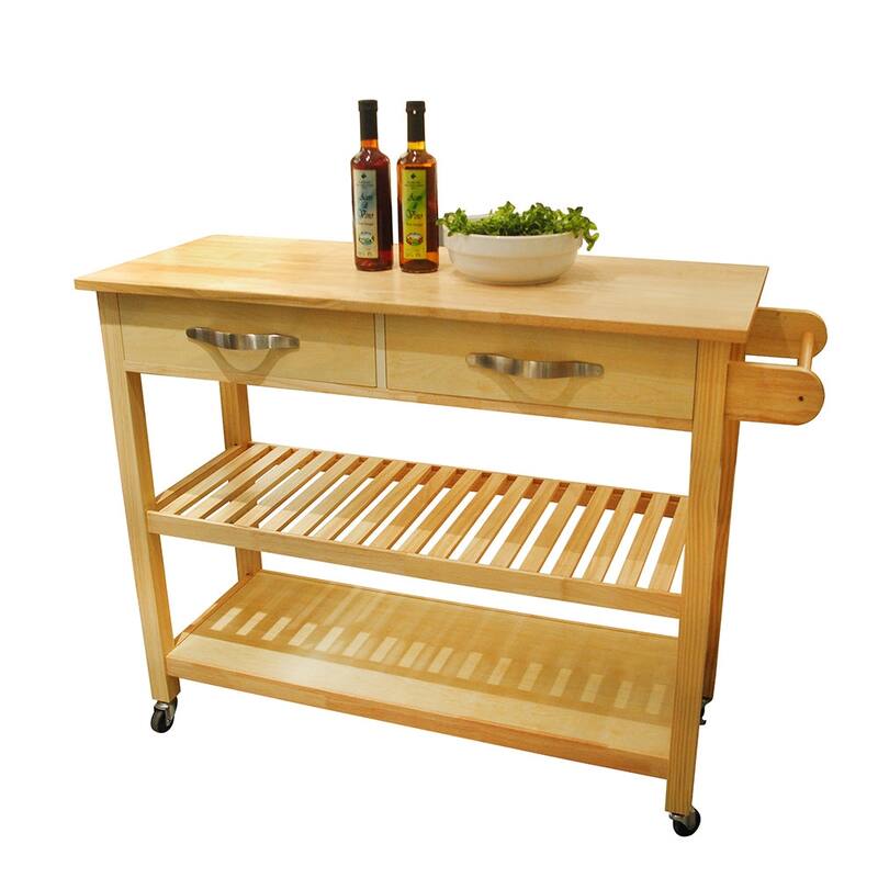 Simple Design Kitchen Cart with Two Lockable Wheels, Rubber Wood Top