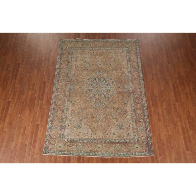 Light Brown Tabriz Persian Vintage Area Rug Handmade Wool Carpet - 6'7"x 9'7"