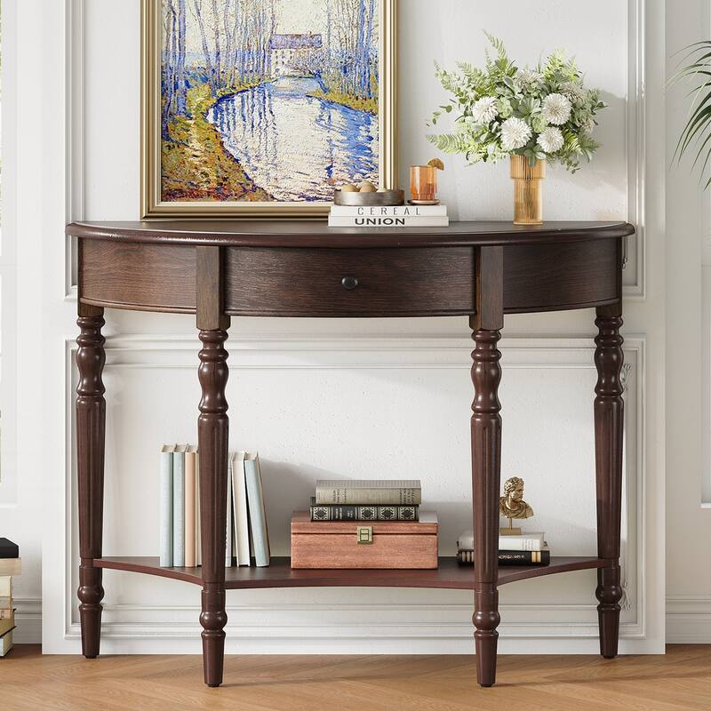 Farmhouse Half Moon Console Table with Drawer & Shelf - Rustic Accent Table