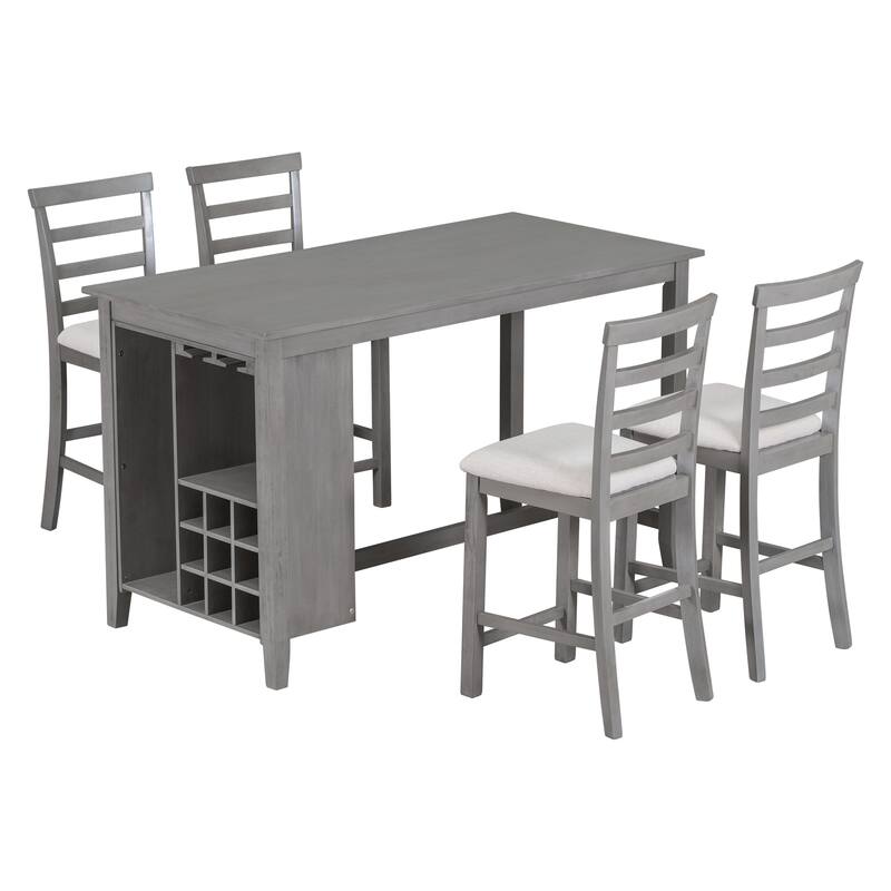 Gray 5-Piece Counter Height Wooden Dining Table Set with 4 Chairs & Shelves