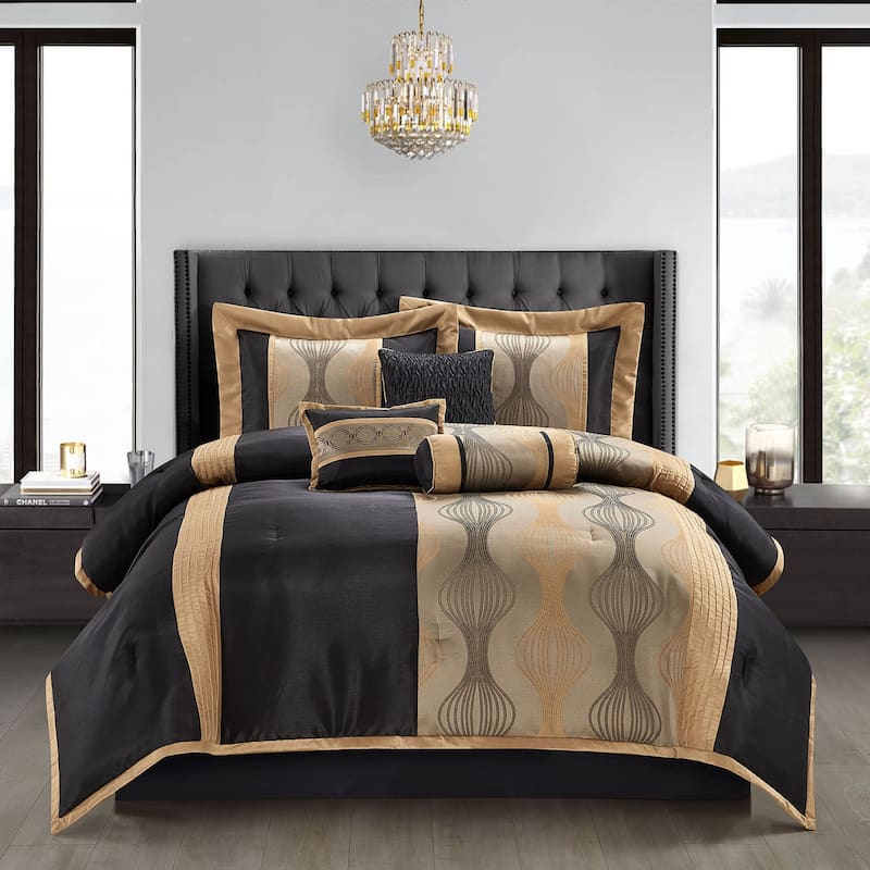 Nanshing Daniella 7-Piece Modern Geometric Comforter Set - Black/Gold - King