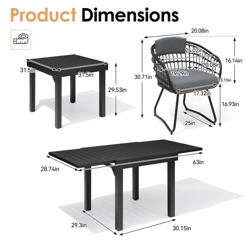 5/7/11PC Outdoor Patio Extendable Table Dining Sets with Rattan Chairs