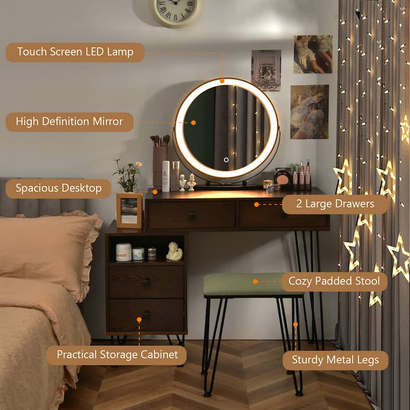 Costway Vanity Table Stool Set Dimmer LED Mirror Large Storage Cabinet - See details