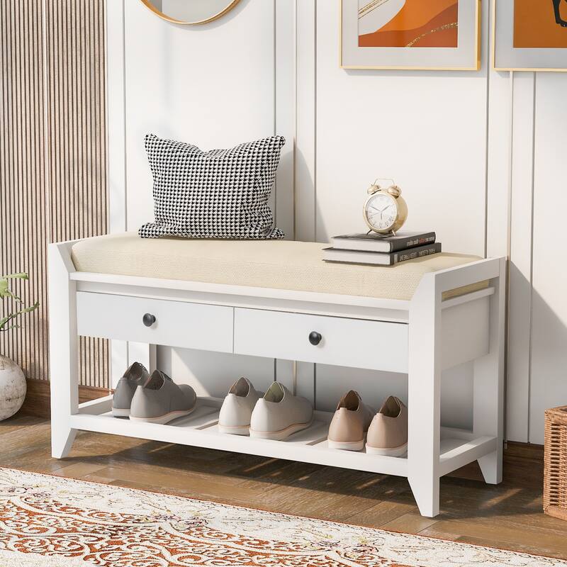 Shoe Rack with Cushioned Seat and Drawers, Multipurpose Entryway Storage Bench - White