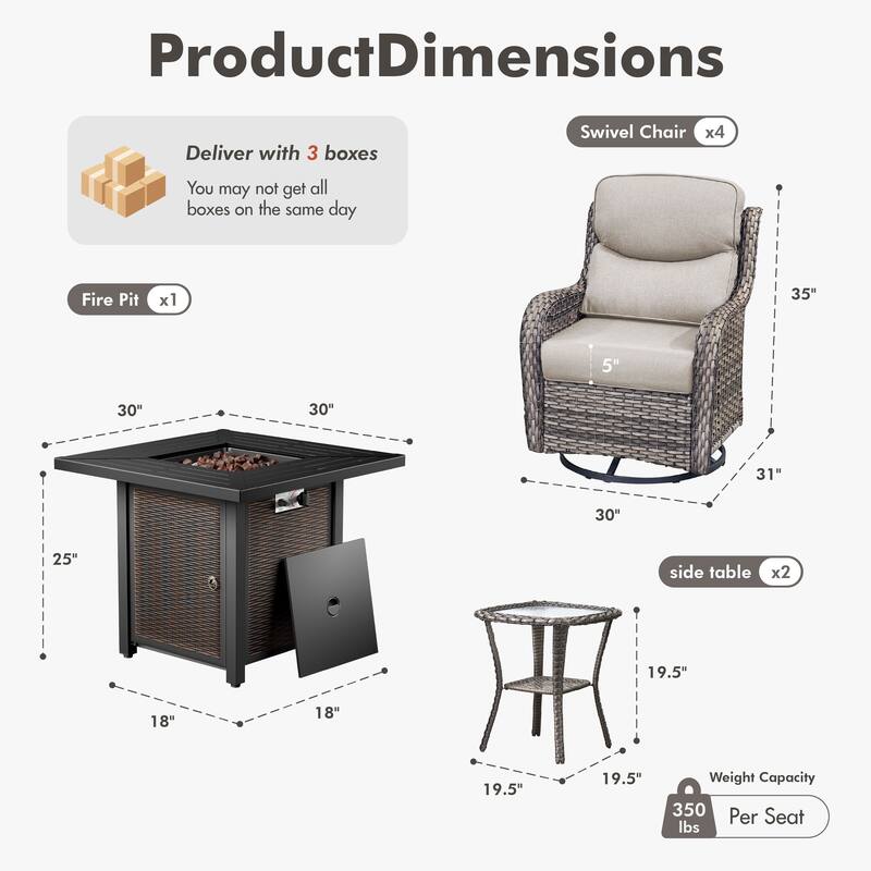 Meyreso 7-Piece Outdoor Patio Wicker Fire Pit 4 person Conversation Set with 5-Inch Thick Cushions