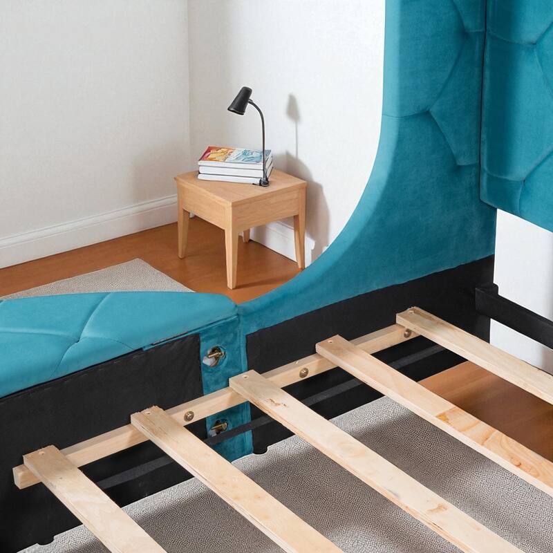 Queen Upholstered Platform Bed with Wingback Headboard, Velvet Fabric, Storage Drawer & 2 Side Storage Stools