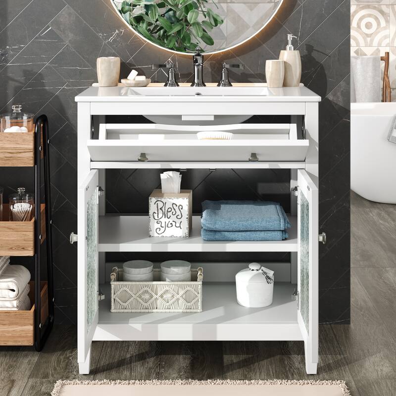 30" Storage Cabinet with Glass Doors, Bathroom Vanity with Ceramic Sink, Adjustable Shelf, Tip-Out Tray and Silver Metal Knobs