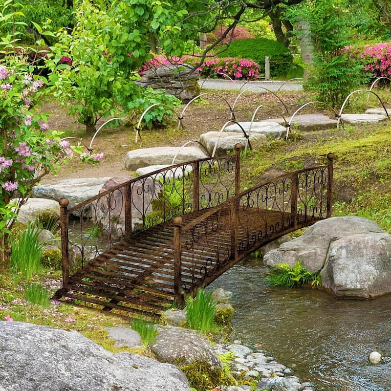 7' Metal Arch Garden Bridge with Safety Siderails
