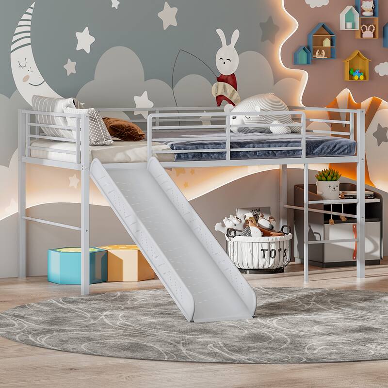 Gymax Twin Metal Loft Bed with Slide Guardrails Built-in Ladder Low