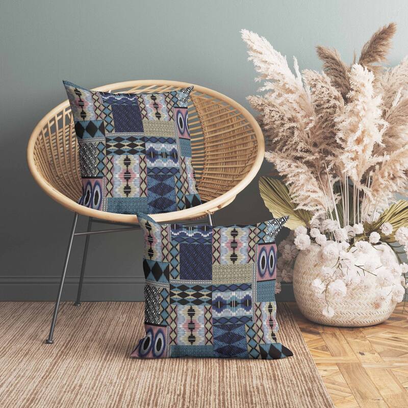 Patched Perfection Indoor/Outdoor Reversible Throw Pillow Blue and Pink