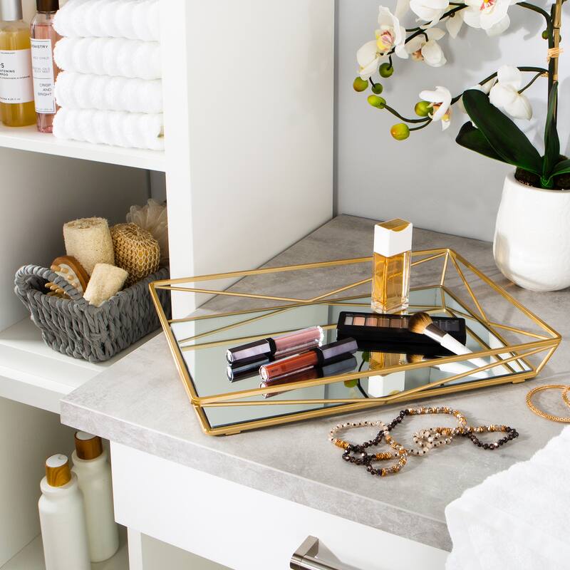 Home Details Large Geometric Mirrored Vanity Tray in Satin Gold - Satin Gold - 15.75"x 11"x 2.1"