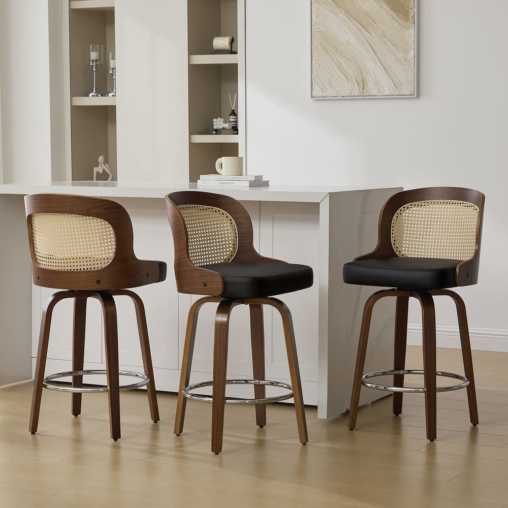26" Upholstered Swivel Counter & Bar Stool with Rattan Back - 37.4"H x 19.09"W x 19.88"D