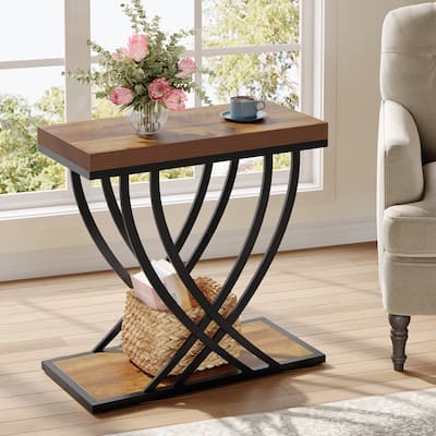 Industrial End Table with Storage, Narrow Small Side Table with Metal Frame