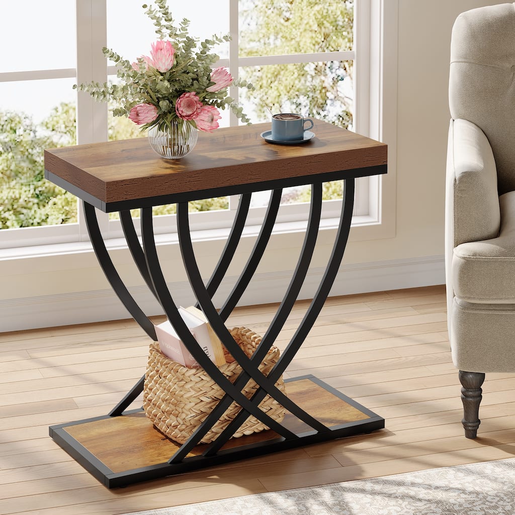 Industrial End Table with Storage, Narrow Small Side Table with Metal Frame