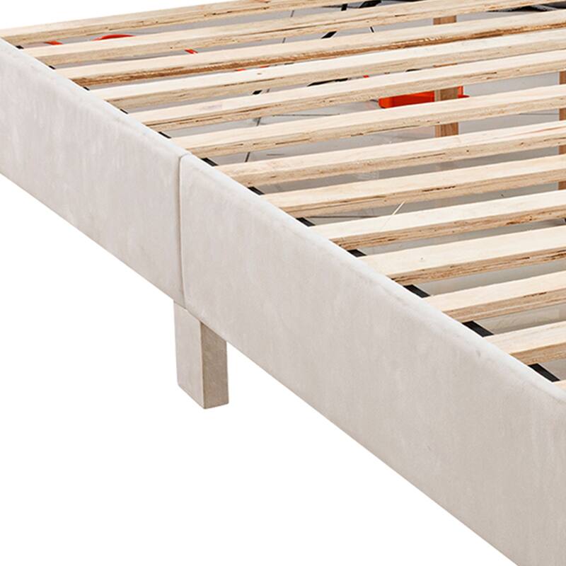 Modern Beige Solid Wood Bed Frame with Open Compartments