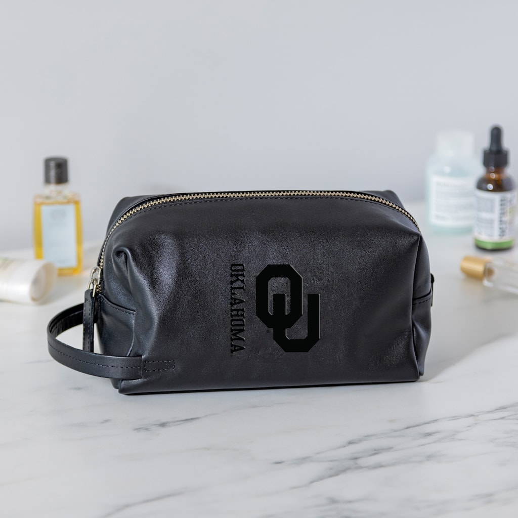 University of Oklahoma, Hybrid Leather Lined Toiletry Bag with Handle, Black